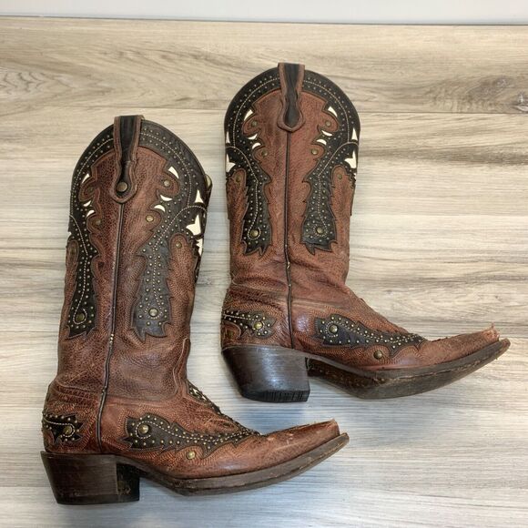 Corral G1042 Womens Studded Inlay 7M Brown Leather Inlay Snip Toe Western Boot - Picture 4 of 16